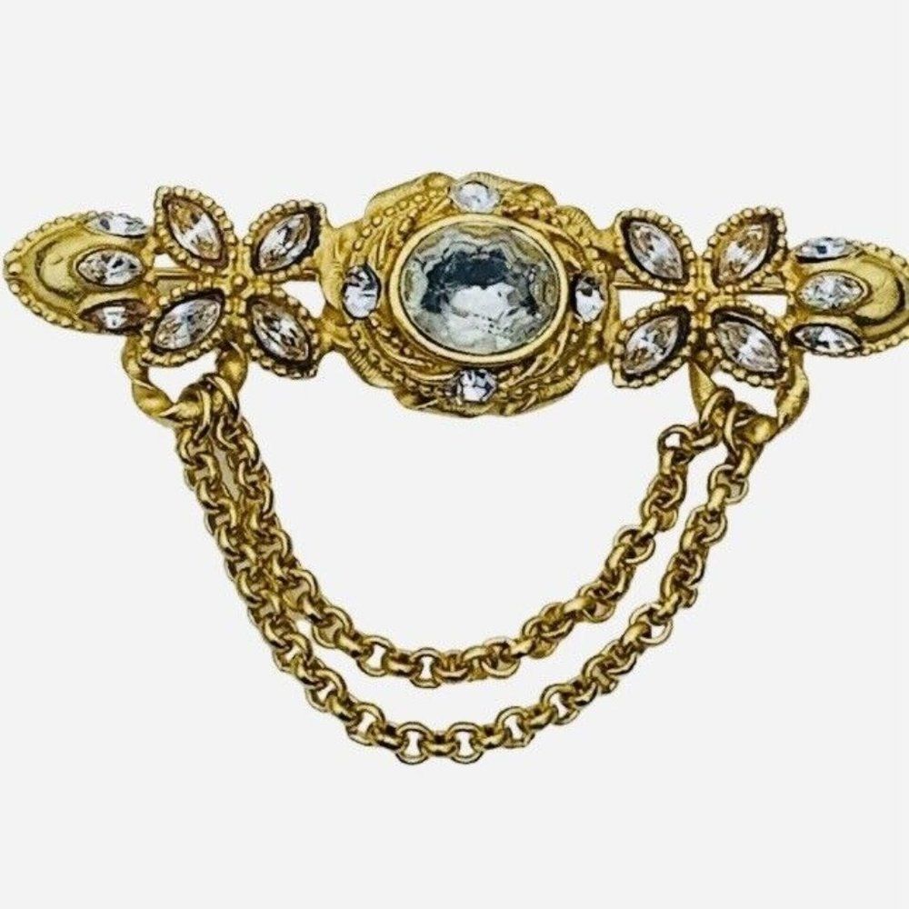 Vintage Voslo Gold Tone Clear Faceted Glass Flower Dangle Chain Link Brooch Pin